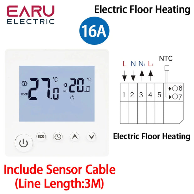 AC90V-240V 3A 16A Water Electric Floor Heating TRV House Room Thermostat Temperature Controller Digital LCD Display Wall Mounted